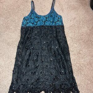 Vintage Blue and Black Ibiza Beaded Mini Party Going Out Dress Size M All Beaded